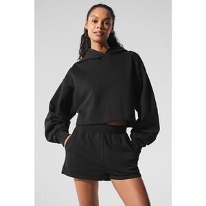 Alo Yoga Bae Hoodie Black Cropped Pullover Relaxed Fit Athleisure Minimal Luxe